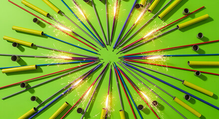 Bright explosive festival layout, decorative fireworks sticks and empty launch shells positioned in radial pattern on neon green surface
