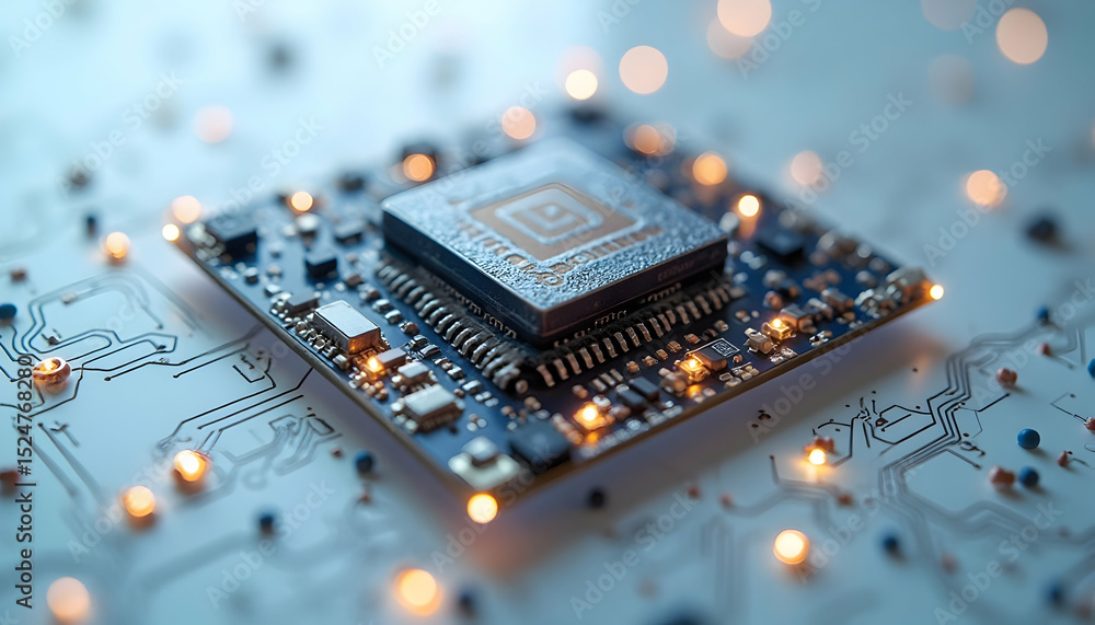 Poster examining computer circuit board technology with glowing light