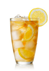 misted glass of ice tea with lemon isolated on white background