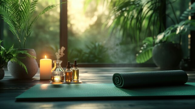 Calm and serene yoga space with green plants, lit candle, essential oils, and rolled mat, perfect for meditation and relaxation.