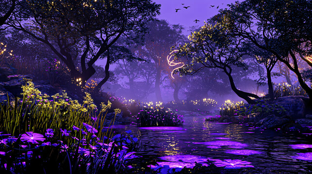 Enchanting swamp scene featuring vibrant purple flowers and towering trees reflecting nature's beauty.
