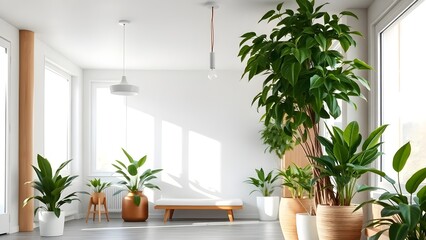 Bright White Room with Green Potted Plants and Hanging Lights