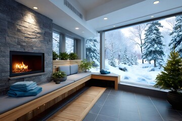 Fototapeta premium Relaxing spa interior with fireplace and snowy winter landscape during christmas time