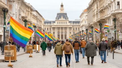 Naklejka premium Crowd at a Gay Pride Parade Walking Down a City Street with Rainbow Flags,Pride Month LGBTQ