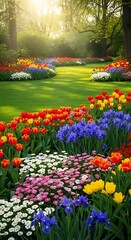 A lush garden scene featuring bright tulips and irises blooming under sunlight