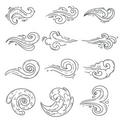 Fototapeta premium A set hand drawing of a wind line with doodle-style design