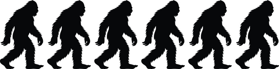 Bigfoot silhouette walking vector, cryptid creature illustration, sasquatch black graphic clipart for paranormal, folklore, forest, or mystery design