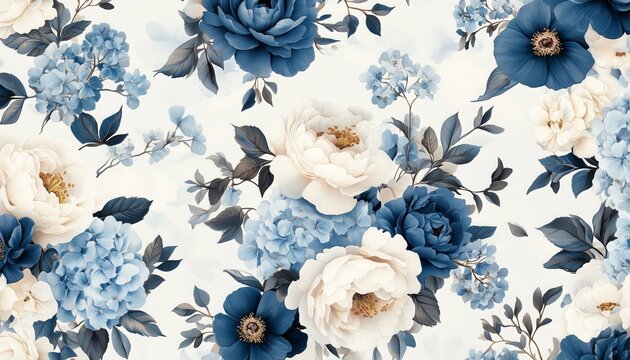 Beautiful, Elegant Blue and cream floral pattern featuring peonies on a white background, and roses in a detailed wallpaper design
