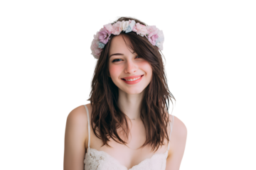 Portrait of a young woman with flower crown smiling beauty and fashion shot on transparent background