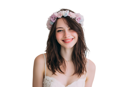 Portrait of a young woman with flower crown smiling beauty and fashion shot on transparent background