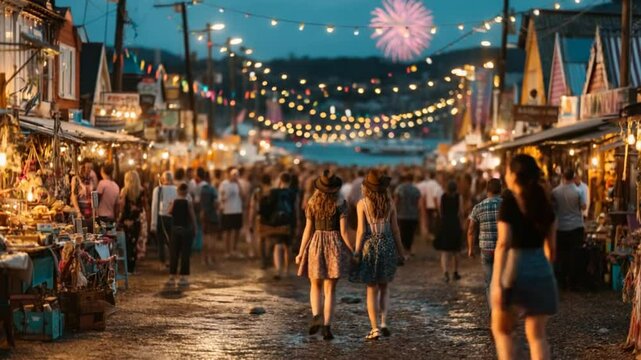 Vibrant Night Market Atmosphere with Crowds, Lights, and Festive Fireworks Display