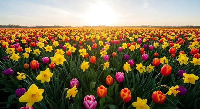 A vast and vibrant field of colorful tulips and daffodils under a warm sunset sky