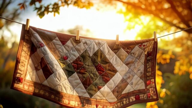 Handmade patchwork quilt hanging on clothesline with wooden clothespins in sunny outdoor setting with autumn leaves and vibrant backlight.