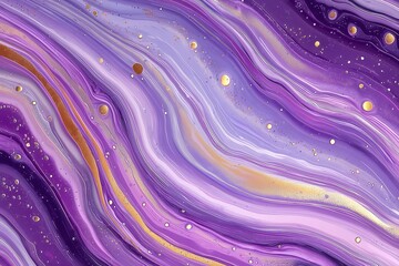 Abstract background featuring purple, gold, and white acrylic painting with fluid lines and liquid paint waves in marble-like style, dotted and swirled on the surface, presented in high resolution and