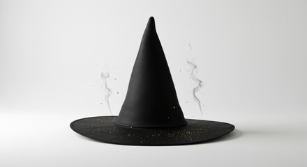 Fototapeta premium Mystical black witch hat with magical smoke and glitter on white background for Halloween 