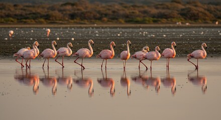 Naklejka premium Flamingos Wading in Shallow Water at Sunset with Reflections