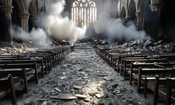 Smoke filling destroyed church interior