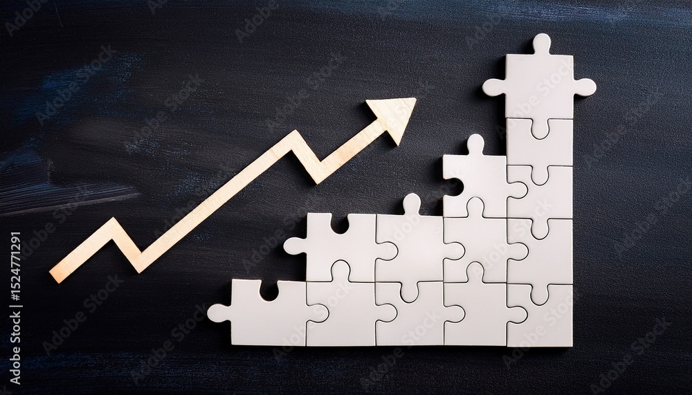 Aufkleber business graph on puzzle. steps shaped jigsaw puzzle and up arrow on blackboard. concept image of ma