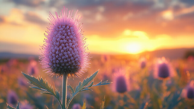 flowering wild teasel with sharp needles and pinkish flower spike in golden summer evening light 