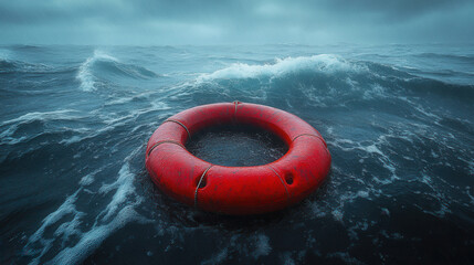 lifesaving float in raging ocean under thunderstorm sky