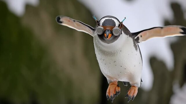 Penguin with goggles flies comically against snow backdrop