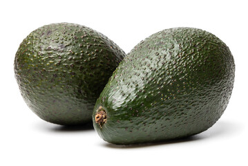 Two Ripe organic green avocado fruits isolated on white background with built-in clipping path