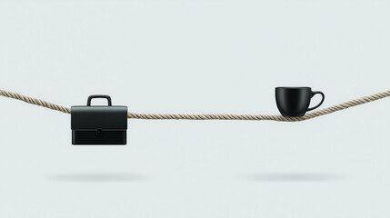 A minimalist black briefcase and coffee cup balance delicately on a taut rope - Generative AI