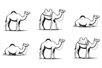Outlined Camel Vector Icons Featuring Bactrian and Dromedary Breeds in Profile for Wildlife and Desert-Themed Designs
