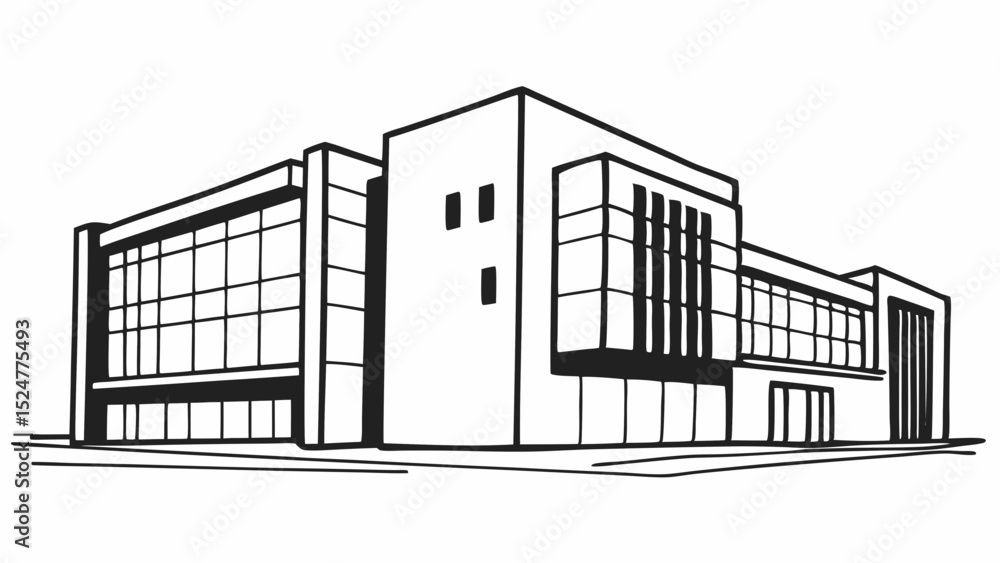 Poster illustration of a modern building with large windows and a minimalist design in black and white styl