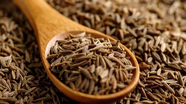 Close-up shot of cumin seeds in a wooden spoon, with pile of cumin on a neutral background, culinary ingredient