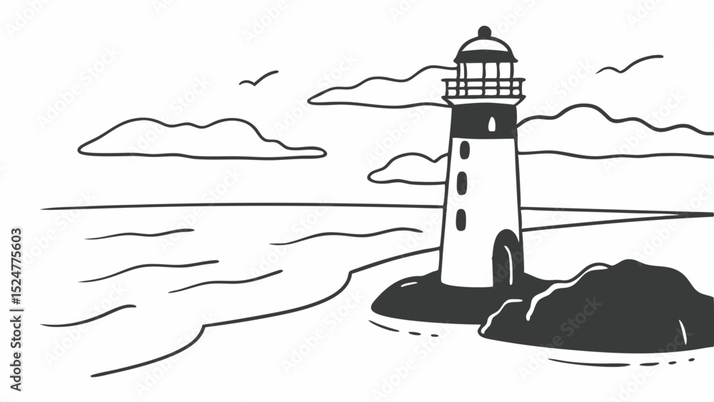 Aufkleber illustration of a lighthouse on a rocky coast with birds and clouds in a monochrome color palette cr