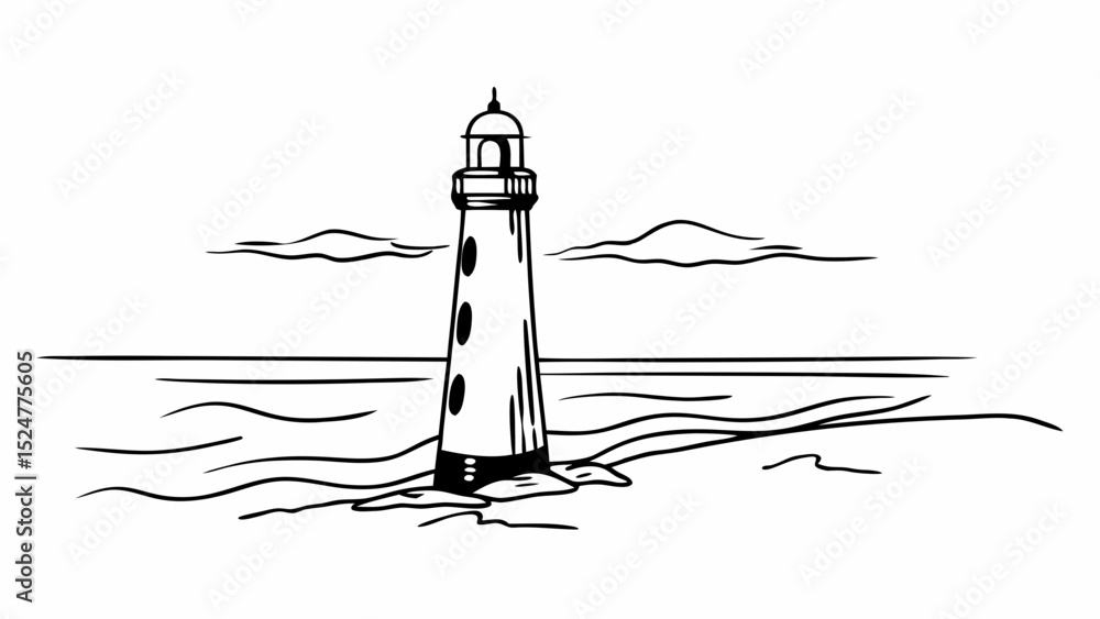Aufkleber illustration of a lighthouse standing on a rocky shore with ocean and clouds in the background view 