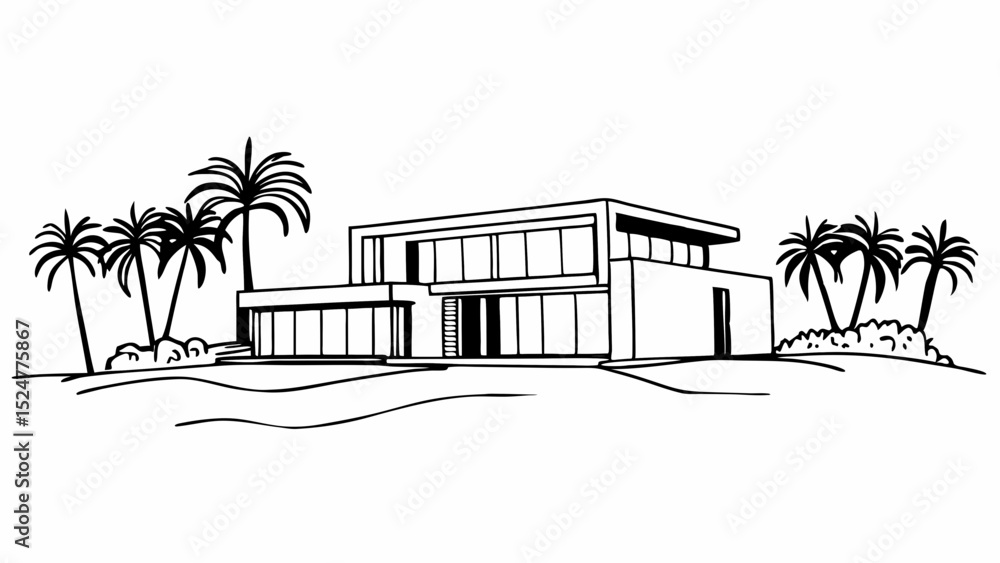 Poster outline drawing of a modern house with large windows and palm trees on a tropical landscape scene cr