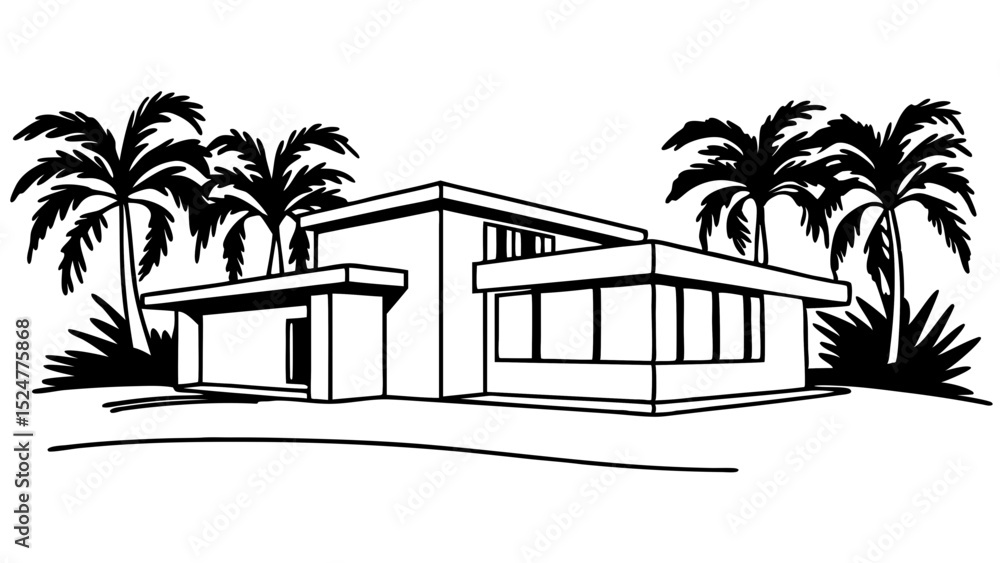 Poster illustration of a modern house with palm trees in black and white line art style design vector image
