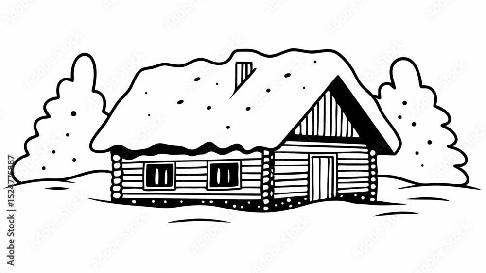 Poster illustration of a snow covered log cabin with trees in a black and white line drawing style design c