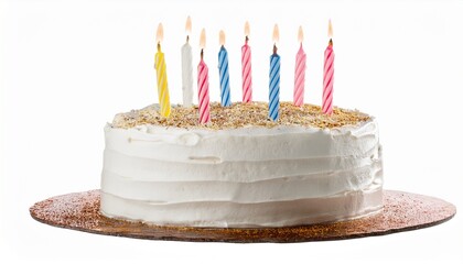 white birthday cake with candles isolated on white background