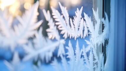 Abstract close-up of delicate ice crystals forming beautiful patterns on glass against a blurred blue background - Powered by Adobe
