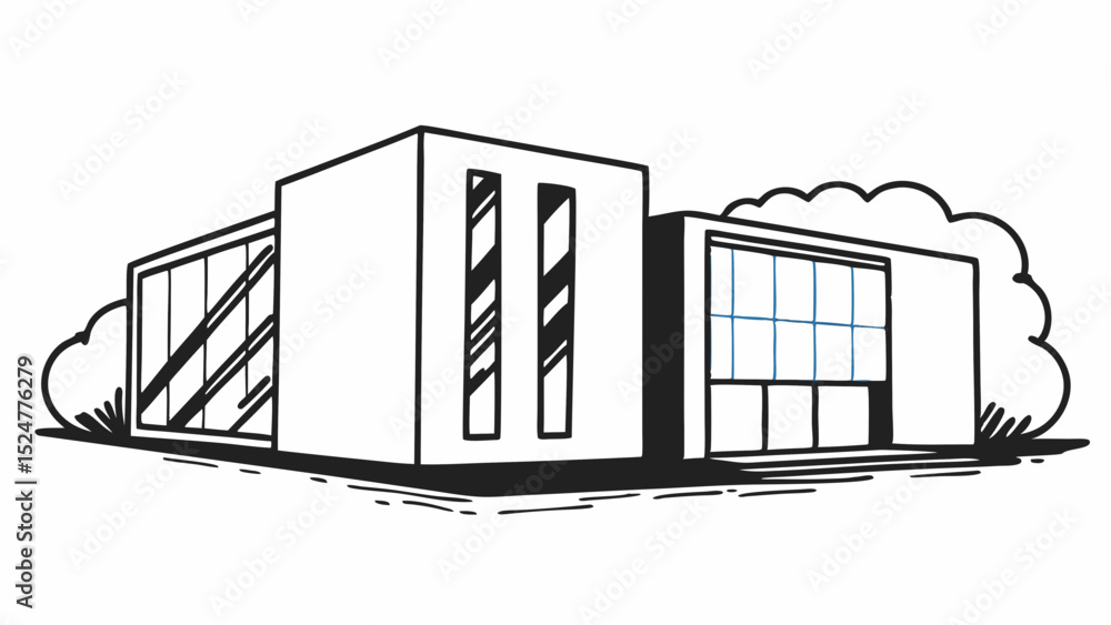 Poster illustration of a modern building with large windows and simple geometric shapes in black and white 