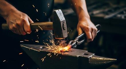 Forging Hot Metal with Hammer and Tongs Sparking Process