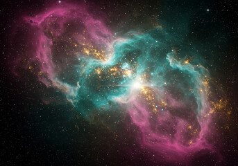 Obraz premium 8K Hyper Realistic Cosmic Nebula with Vibrant Magenta Teal and Gold Gas Clouds and Sparkling Starfield
