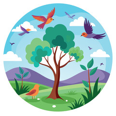 Obraz premium Animated Landscape with Birds Flying Around a Tree Against a Mountain Backdrop