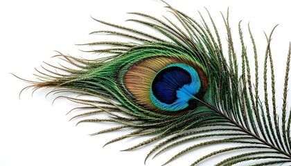 Obraz premium Vibrant Iridescent Peacock Feather with Eye-Spot Pattern Isolated on White Background - Elegant Nature Symbol