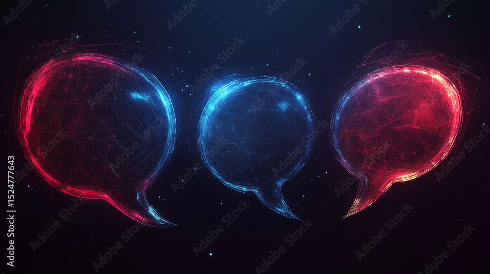 Poster three speech bubbles in red and blue with a dark background and a digital abstract design look 100 c