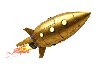 Isolated Vintage Gold Rocket Flying on a Mission