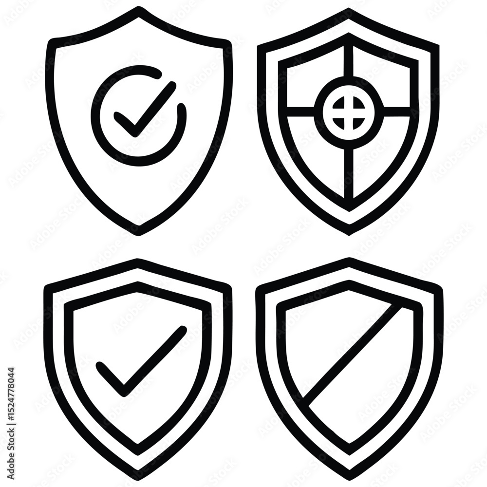 Poster collection of outlined shields with validation and security symbols, security icons