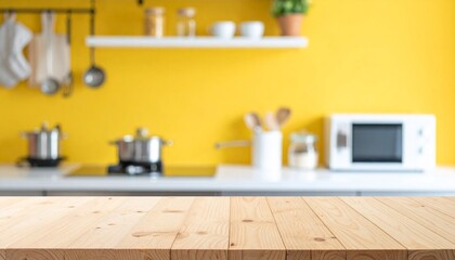 Naklejka premium Empty wooden table and blurred kitchen yellow wall background-Wood table top on blur kitchen