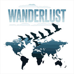 World map illustration on a blue background with binary code representing global business and international travel across continents like Asia, Europe, and America