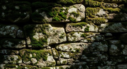 Ancient Stone Wall Covered in Lush Green Moss A Textured Nature Photograph