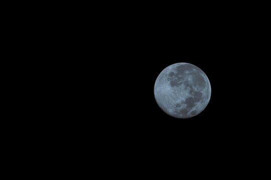 Bright full moon illuminating the dark night sky, revealing lunar craters and its spherical nature in space