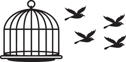 Golden vintage birdcage silhouette with an open door and flying bird, symbolizing freedom from a metal prison